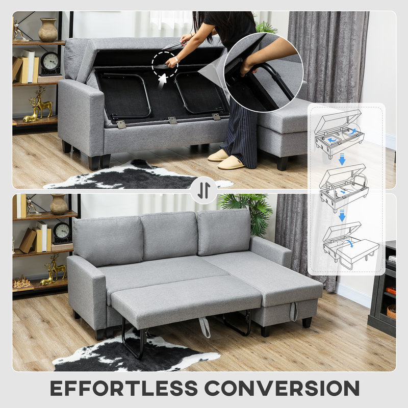 Gray sectional sofa with storage compartments, conversion process shown, and 'Effortless Conversion' text.
