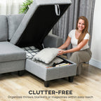 Woman organizing a gray sectional sofa with storage compartment, text 'CLUTTER-FREE'.