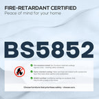 Fire-retardant certified furniture label with BS5852 certification on a fabric background