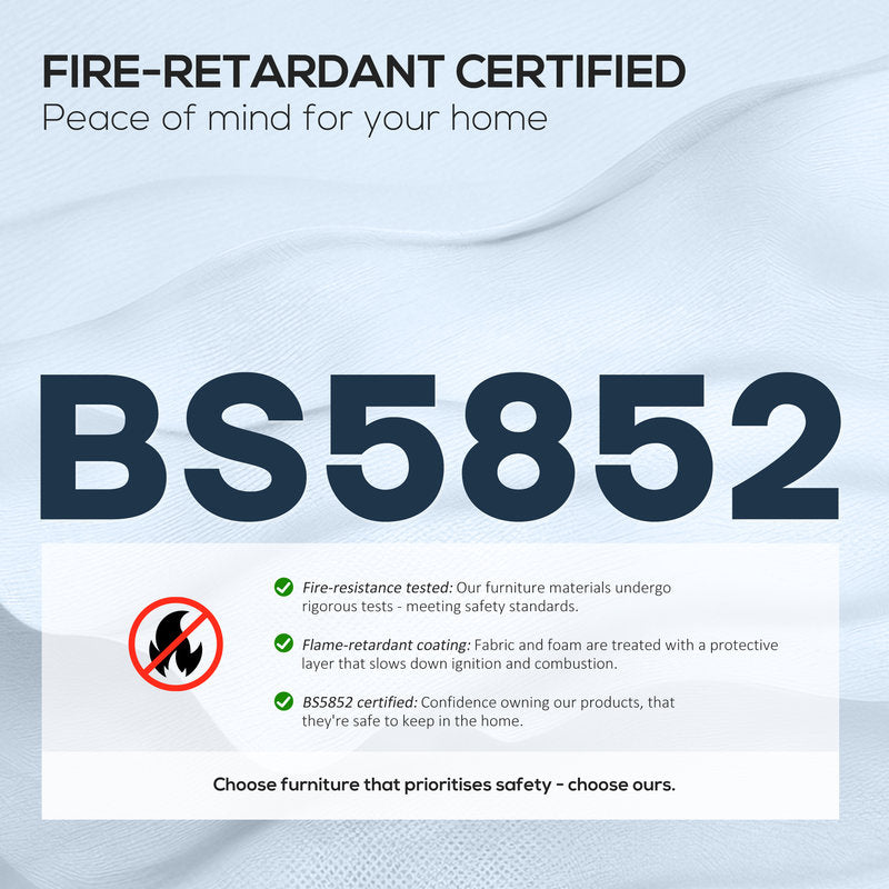 Fire-retardant certified furniture label with BS5852 certification on a fabric background