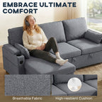 Woman sitting on a gray sectional sofa with text 'Embrace Ultimate Comfort' and product features.