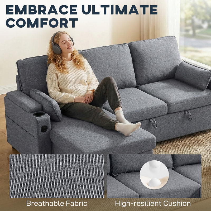 Woman sitting on a gray sectional sofa with text 'Embrace Ultimate Comfort' and product features.