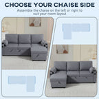 Gray sectional sofa with chaise on the left, shown from two angles, with text 'Choose your chaise side'.