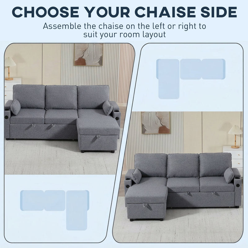 Gray sectional sofa with chaise on the left, shown from two angles, with text 'Choose your chaise side'.