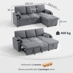 Gray sectional sofa with dimensions and weight information on a white background