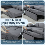 Step-by-step instructions for converting a sofa bed with images of hands performing actions.