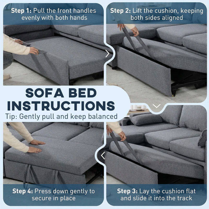 Step-by-step instructions for converting a sofa bed with images of hands performing actions.