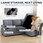Gray sectional sofa with hidden storage compartments, cup holders, and side pockets, labeled with text.