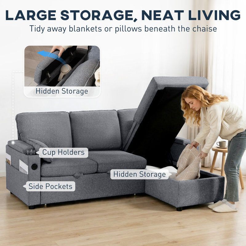 Gray sectional sofa with hidden storage compartments, cup holders, and side pockets, labeled with text.