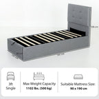 Gray bed frame with dimensions and specifications on a white background