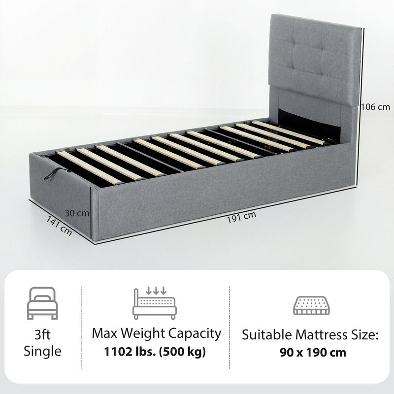 Gray bed frame with dimensions and specifications on a white background