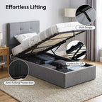 Gray upholstered bed with lifting mechanism in a room setting