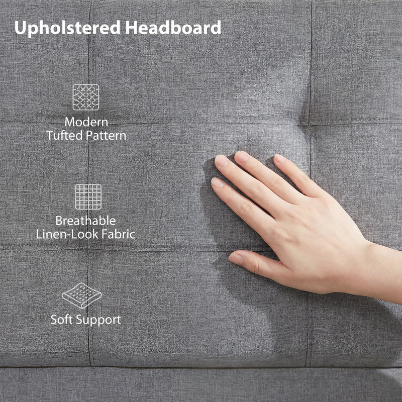 Gray upholstered headboard with hand touching fabric, highlighting features like modern tufted pattern, breathable linen-look fabric, and soft support.