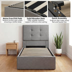 Gray upholstered bed with wooden slats in a room setting, featuring noise-free EVA pads, solid wooden slats, and quick assembly.