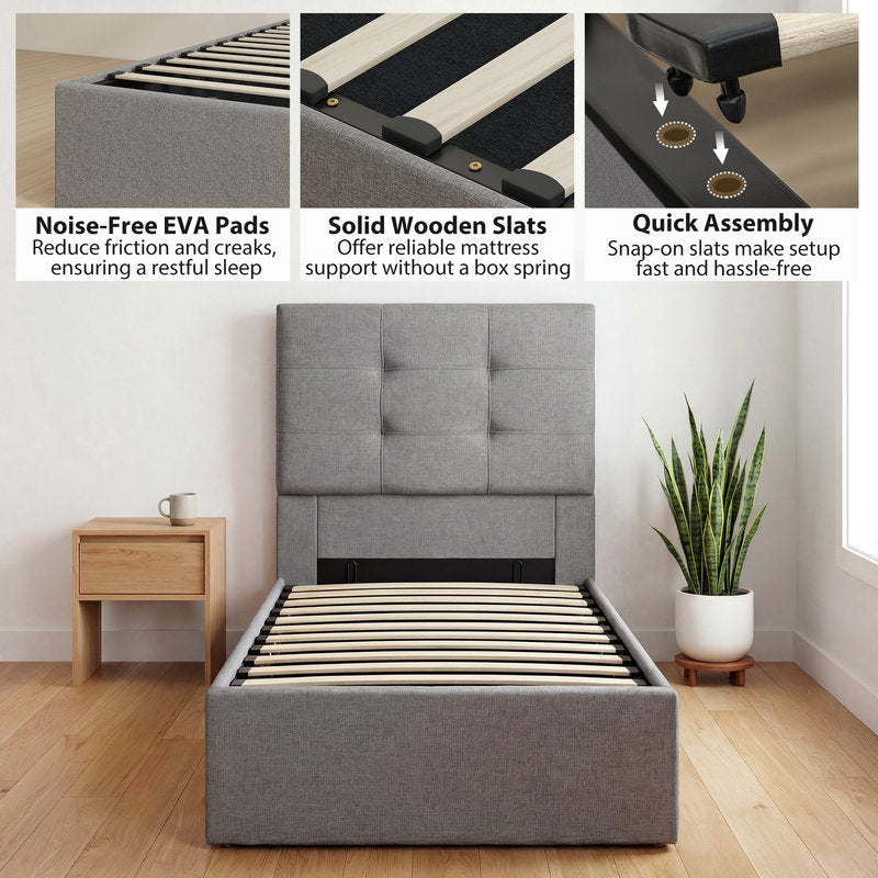 Gray upholstered bed with wooden slats in a room setting, featuring noise-free EVA pads, solid wooden slats, and quick assembly.