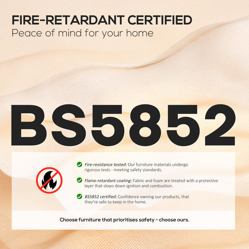 Fire-retardant certified furniture label with BS5852 certification on a beige background