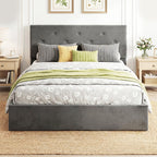 Gray upholstered bed with colorful bedding in a bedroom setting