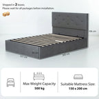 Gray upholstered bed frame with dimensions and installation instructions on a white background