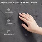 Gray upholstered diamond-tufted headboard with hand touching it, labeled for breathability, softness, and wear-resistance.