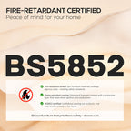 Fire-retardant certified furniture label with BS5852 certification on a beige background