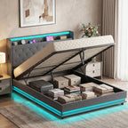 Modern bed with storage compartments and LED lighting in a bedroom setting.