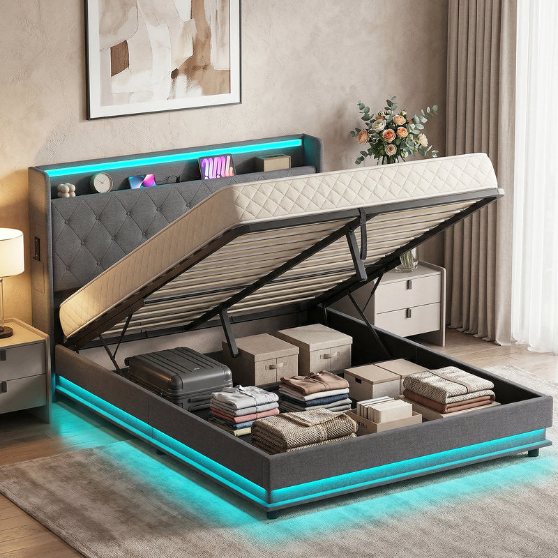Modern bed with storage compartments and LED lighting in a bedroom setting.