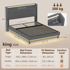 King size bed frame with dimensions and weight capacity on a beige background
