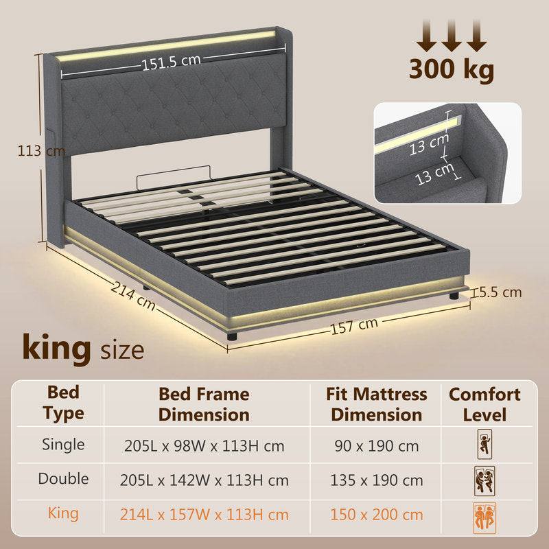 King size bed frame with dimensions and weight capacity on a beige background