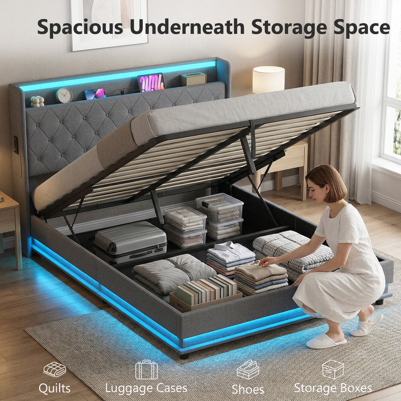 Bed with open storage space in a room, showing various items inside.