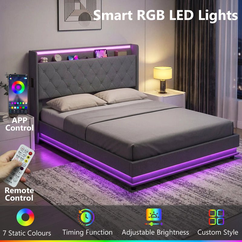 Gray bed with Smart RGB LED Lights, remote control, and app on a smartphone.