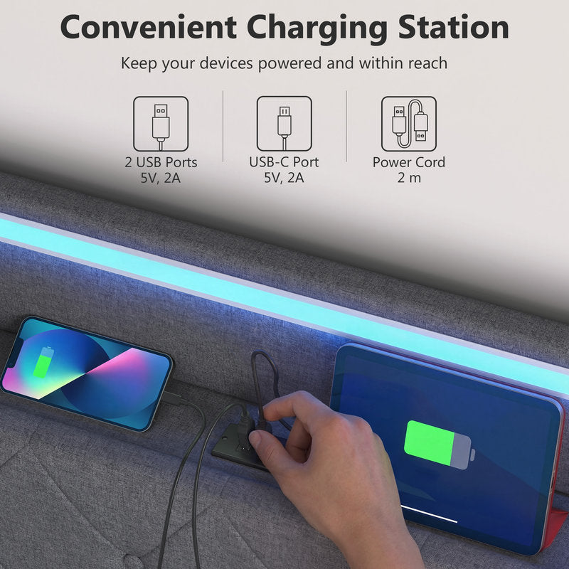 Convenient charging station with two devices being charged, labeled ports, and text about convenience.
