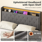 Gray upholstered headboard with open shelf on a bed, featuring BS 5852 fire-retardant certification.