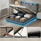 Modern bed with storage compartments in a bedroom setting, featuring LED lighting and various accessories.