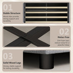 Product features with text on stable structure, noise-free design, and solid wood legs.