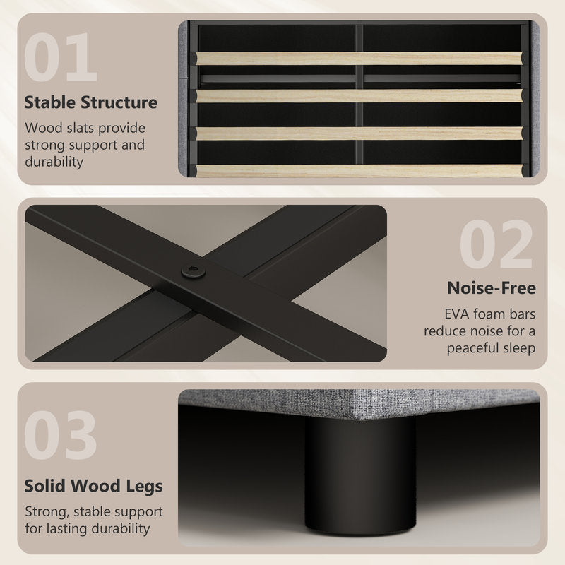 Product features with text on stable structure, noise-free design, and solid wood legs.