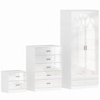 White bedroom furniture set with a wardrobe and chest of drawers on a white background