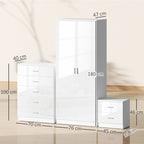 White bedroom furniture set with dimensions on a neutral background