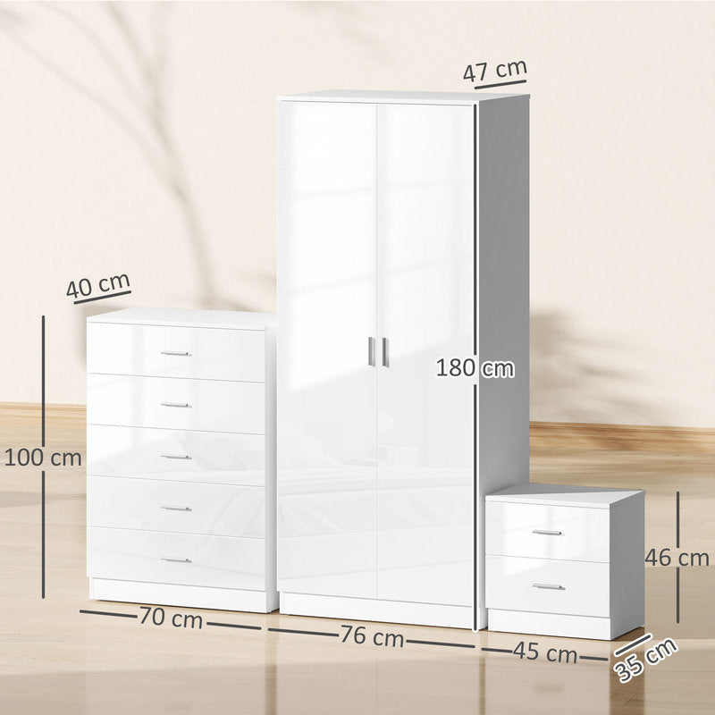 White bedroom furniture set with dimensions on a neutral background
