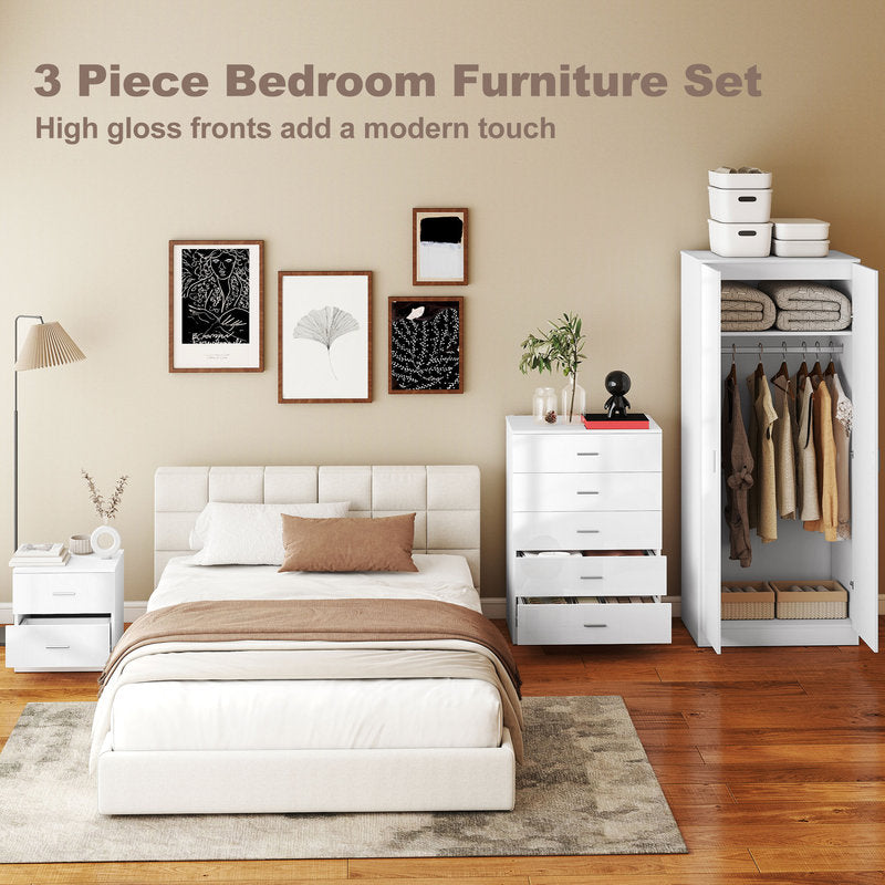 High Gloss 3-Piece Bedroom Furniture Set – Wardrobe, Chest of Drawers & Bedside – White Secondary image