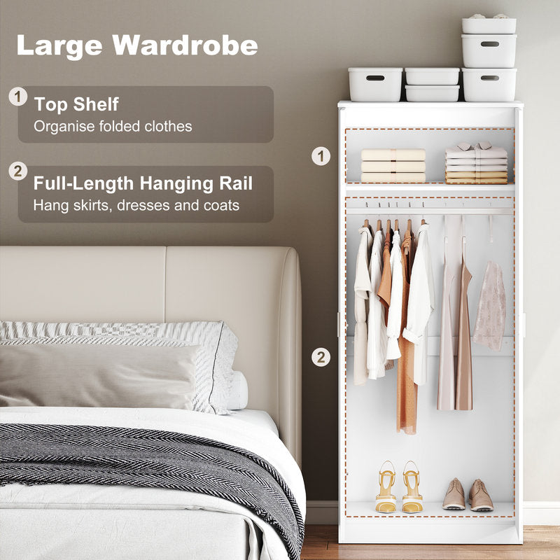 Closet with a large wardrobe, top shelf for folded clothes, and full-length hanging rail.