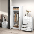 White wardrobe with open door showing clothes, next to a white dresser with drawers in a bedroom setting.