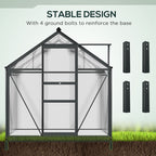 Greenhouse with stable design featuring ground bolts on a grassy background