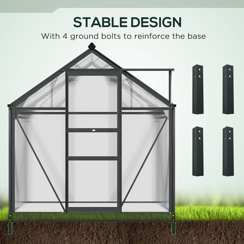 Greenhouse with stable design featuring ground bolts on a grassy background