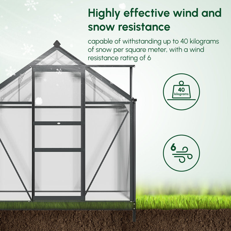 Greenhouse with text highlighting wind and snow resistance, on a green background.