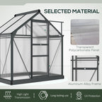 Greenhouse with transparent polycarbonate panel and aluminum alloy frame, highlighting material and features.