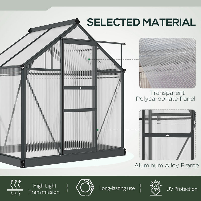 Greenhouse with transparent polycarbonate panel and aluminum alloy frame, highlighting material and features.