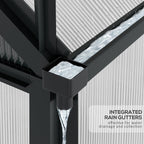 Black rain gutter system with water flowing through it, set against a neutral background.
