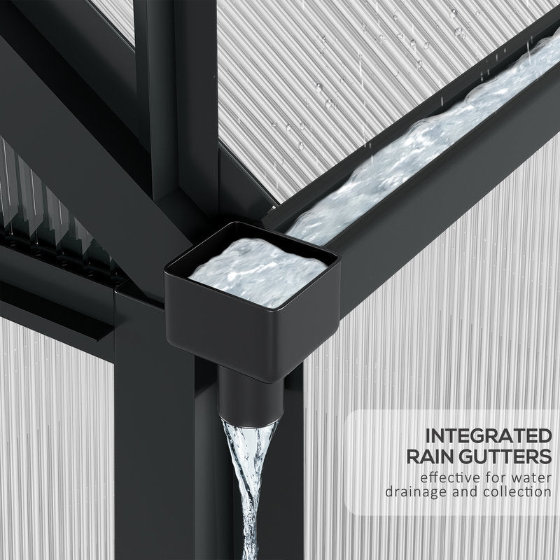 Black rain gutter system with water flowing through it, set against a neutral background.