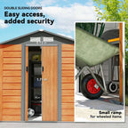 Brown galvanised steel garden shed with sliding lockable doors and key features highlighted