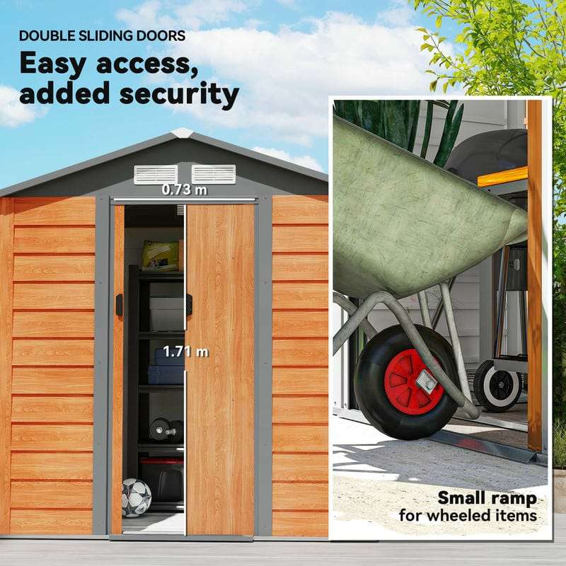 Brown galvanised steel garden shed with sliding lockable doors and key features highlighted